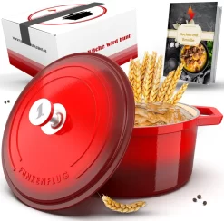 Funkenflug® Gusseisen Topf Brot Backen 4,7 Liter In Rot [Induktionsgeeignet] Inkl. Rezeptbuch - Für Einzigartigen Brotgenuss - Auch Als Schmortopf Einsetzbar - Gusseisen Emaille Topf - Bräter Gusseisen