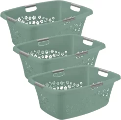 ROTHO 3er Set Wäschekorb 50l FLOWERS, Farbe:Mistletoe Grün