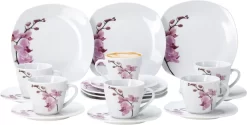 Kaffeeservice 18-tlg. Kyoto Orchidee Leicht Eckig Porzellan Für 6 Personen Weiß MitNachbildung