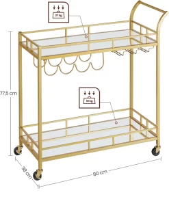 VASAGLE Servierwagen, Rollwagen, Gläserhalter, 2 Verspiegelte Glasablagen, Barwagen, Weinwagen, Für Küche, Esszimmer, Bar, Goldfarben -Küchendiscounter 0e9bc85f5573e13cf1216ac826e67079