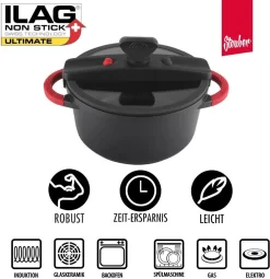Steuber Niederdruck Kochtopf Für Alle Herdarten, 4800 Ml, Ø 24 Cm, Antihaft, Vitaminschonend, Bis 230°C Backofengeeignet, Abnehmbare Silikongriffe