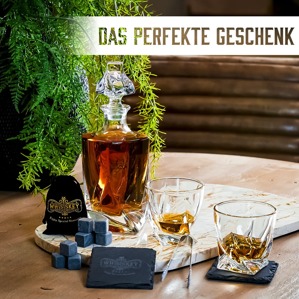 Whisiskey - Whisky Karaffe – Twisted Dekanter Set - Whiskey Karaffe Set - 1000ML - Geschenke Für Männer - Inkl. 8 Whisky Steine, Zange & 2 Whisky Gläser 4 Whisiskey - Whisky Karaffe – Twisted Dekanter Set - Whiskey Karaffe Set - 1000ML - Geschenke Für Männer - Inkl. 8 Whisky Steine, Zange & 2 Whisky Gläser – Bild 4