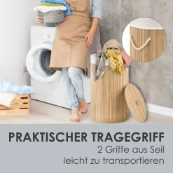 Juskys Bambus Wäschekorb Curly-Round – 55 Liter Volumen – Wäschesammler Mit Deckel, Tragegriffen & Stoff Wäschesack – 1 Fach Wäschebox – In Natur -Küchendiscounter 22d76edccdb2fe887446ffa9256c40d7