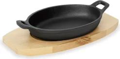 Bratpfanne / Servierpfanne Oval 24cm X 17cm Gusseisen Mit Holzuntersetzer