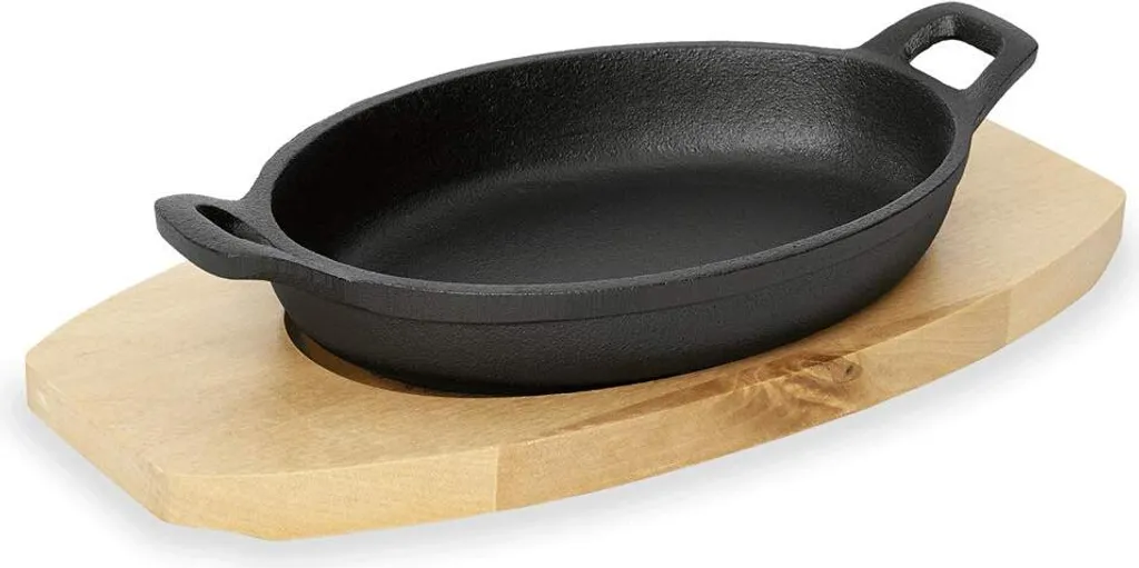 Bratpfanne / Servierpfanne Oval 24cm X 17cm Gusseisen Mit Holzuntersetzer 1 Bratpfanne / Servierpfanne Oval 24cm X 17cm Gusseisen Mit Holzuntersetzer