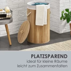 Juskys Bambus Wäschekorb Curly-Round – 55 Liter Volumen – Wäschesammler Mit Deckel, Tragegriffen & Stoff Wäschesack – 1 Fach Wäschebox – In Natur -Küchendiscounter 351d2ee9ce1c43e0185b2caf3bed34dd