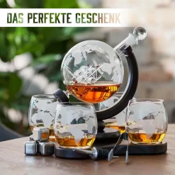 Whisiskey - Whisky Karaffe - Geschenke Für Männer - Komplette Whiskey Set - Globus - 900ML – Inkl. 4 Whisky Steine, 4 Whisky Gläser & Ausgießer - Whisky Dekanter – Whiskygläser - Natursteine -Küchendiscounter 3b38410e96568efc0801c647cc9229bd