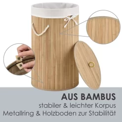 Juskys Bambus Wäschekorb Curly-Round – 55 Liter Volumen – Wäschesammler Mit Deckel, Tragegriffen & Stoff Wäschesack – 1 Fach Wäschebox – In Natur -Küchendiscounter 43181e77dcd11960dce3da113d23e4f1