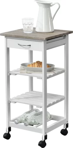 Servierwagen 76 X 37 X 37 Cm Barwagen 3 Ablage 1 Schublade Beistellwagen Allzweckwagen Rollwagen MDF Holzfarben-Weiß [en.casa]