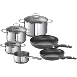 Schulte-Ufer Set 1071 Avanti Set, 9tlg. Edelstahl Topfset, Induktionstauglich, Inklusive 3 Glasdeckel & 2 Bratpfannen, Innenskalierung, Schüttrand