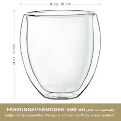 Creano Doppelwandige Gläser 400ml „DG-Bauchig“, 4er Set, Großes Thermoglas Doppelwandig Aus Borosilikatglas, Kaffeegläser, Teegläser, Latte Gläser, Doppelwandgläser -Küchendiscounter 6713768c3f9df55ff14b28dda084d8dc