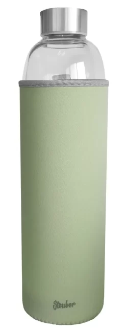 Steuber Glas-Trinkflasche Mit Tasche 1000 Ml, Grün, Mit Tragelasche, Borosilicatglas Mit Schutzhülle/Edelstahldeckel, Für Sport/Büro/Reisen