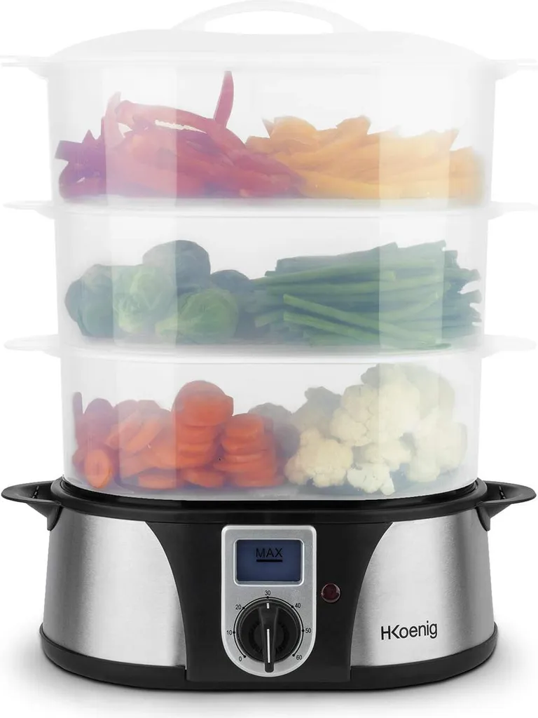H.Koenig Elektro-Dampfgarer Ohne BPA 12 Liter, 3 Herausnehmbare Behälter, 1000 W, Timer Bis Zu 60 Minuten VAP12, Kunststoff, Metall, Single
