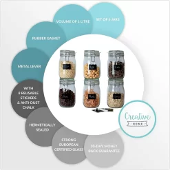 6 X Creative Home Gläser Mit Bügelverschluss | 1 Liter | Einmachgläser Drahtbügel-glas Aufbewahrungsgläser Mit Gummiring Und Deckel | 8 Wiederverwendbare Aufkleber + 1 Anti-Staub-Kreide 13 6 X Creative Home Gläser Mit Bügelverschluss | 1 Liter | Einmachgläser Drahtbügel-glas Aufbewahrungsgläser Mit Gummiring Und Deckel | 8 Wiederverwendbare Aufkleber + 1 Anti-Staub-Kreide -Küchendiscounter 6c8742ae18b7b5eb680c2c925d1634ba