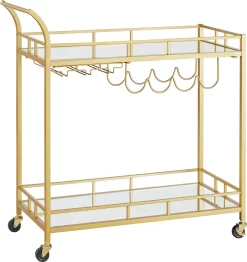 VASAGLE Servierwagen, Rollwagen, Gläserhalter, 2 Verspiegelte Glasablagen, Barwagen, Weinwagen, Für Küche, Esszimmer, Bar, Goldfarben -Küchendiscounter 6fad05137acf84eb19f1a22b8481a1b0