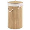 Juskys Bambus Wäschekorb Curly-Round – 55 Liter Volumen – Wäschesammler Mit Deckel, Tragegriffen & Stoff Wäschesack – 1 Fach Wäschebox – In Natur
