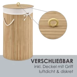 Juskys Bambus Wäschekorb Curly-Round – 55 Liter Volumen – Wäschesammler Mit Deckel, Tragegriffen & Stoff Wäschesack – 1 Fach Wäschebox – In Natur -Küchendiscounter 7c322dc5ac9dc475a588bf6541ed24f6