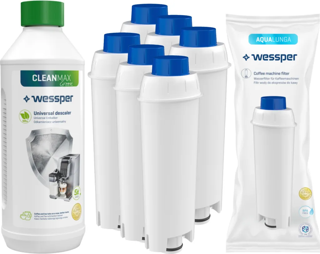 Wessper Set: 6x Wessper AquaLunga Wasserfilterpatrone Für DeLonghi Kaffeemaschinen (Ersatz SER3017 DLS C002) + Wessper CleanMax 500ml Entkalker 1 Wessper Set: 6x Wessper AquaLunga Wasserfilterpatrone Für DeLonghi Kaffeemaschinen (Ersatz SER3017 DLS C002) + Wessper CleanMax 500ml Entkalker