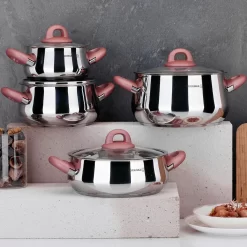 Korkmaz Bella Rosegold 8-teiliges Topfset Induktion Kochgeschirr-Set - Edelstahl, Induktionsgeeignet, Mit Glasdeckel A1848-1