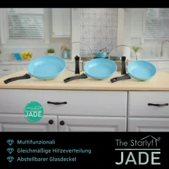 Starlyf® Pfannen-Set »Jade Pan Set« , Aluminium ( Starter-Set 5 -tlg. 3 Pfannen, 2 Glasdeckel ) , Innovativer Deckelgriff Zum Abstellen, Jade-Antihaft-Beschichtung - Aus Der TV Werbung -Küchendiscounter 9a90c21883b57e86babfc1b576e62747