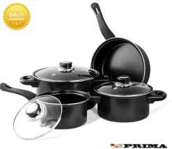 Prima Pfannenset 7-teilig – Kleine Pfannen – Schwarz – Antihaftbeschichtung – Kochset – Mit Deckel – Kochtöpfe – Soßenpfanne – Geschenk Für Mann Und Frau