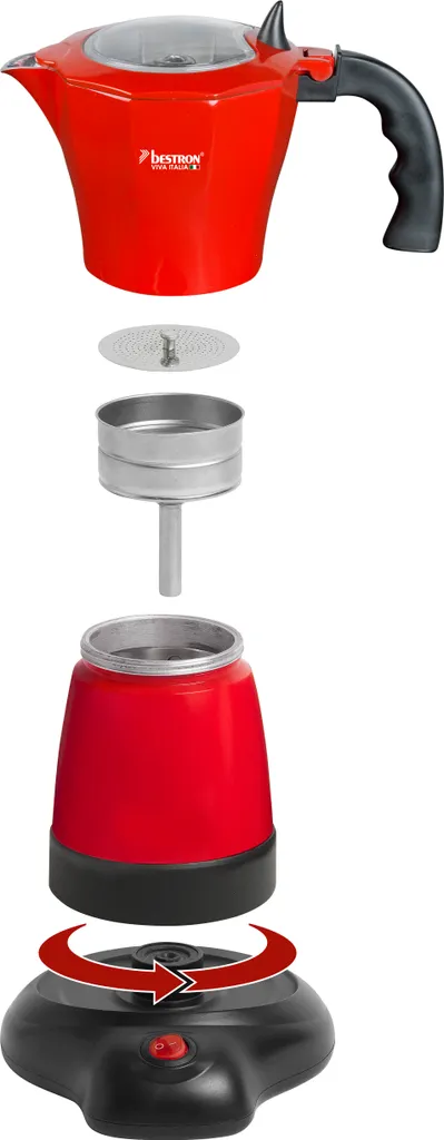 Bestron Elektrischer Espresso-Kocher Mit 360° Basis, Viva Italia, Für 6 Espressotassen: 180 Ml, 480 Watt, Aluminium, Farbe: Rot 2 Bestron Elektrischer Espresso-Kocher Mit 360° Basis, Viva Italia, Für 6 Espressotassen: 180 Ml, 480 Watt, Aluminium, Farbe: Rot – Bild 2