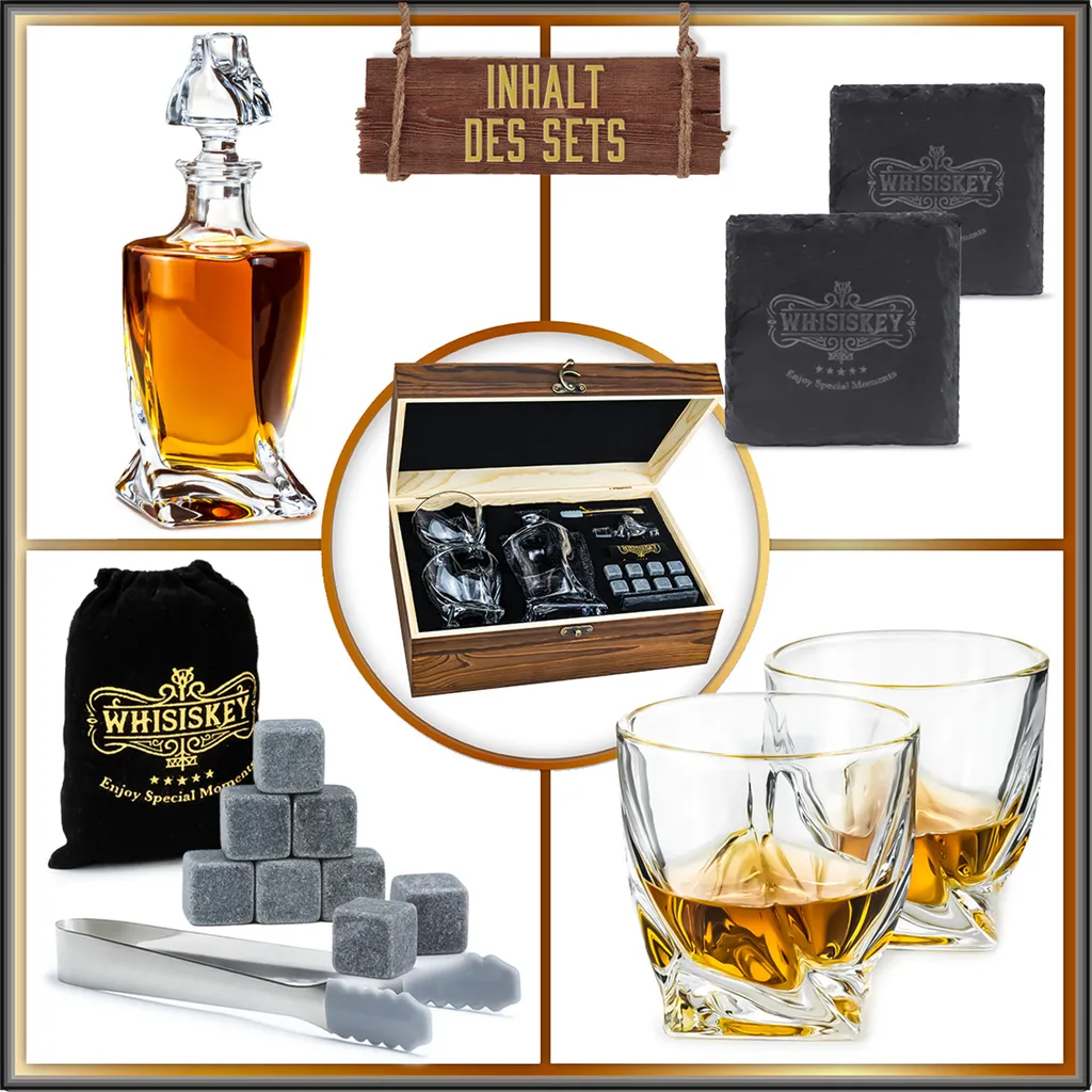 Whisiskey - Whisky Karaffe – Twisted Dekanter Set - Whiskey Karaffe Set - 1000ML - Geschenke Für Männer - Inkl. 8 Whisky Steine, Zange & 2 Whisky Gläser 6 Whisiskey - Whisky Karaffe – Twisted Dekanter Set - Whiskey Karaffe Set - 1000ML - Geschenke Für Männer - Inkl. 8 Whisky Steine, Zange & 2 Whisky Gläser – Bild 6