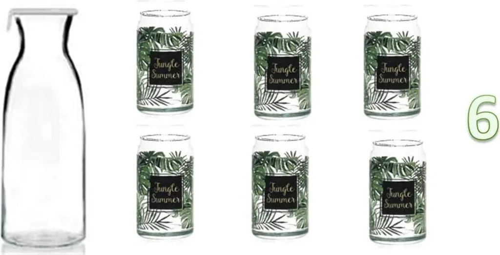 James Premium Karaffe Mit Deckel + Glas 450ml 6er Longdrinkgläser Set Spülmaschinenfest Mikrowellengeeignet Jungle-Motiv 1 James Premium Karaffe Mit Deckel + Glas 450ml 6er Longdrinkgläser Set Spülmaschinenfest Mikrowellengeeignet Jungle-Motiv