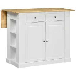 HOMCOM Kücheninsel, Sideboard Mit Erweiterbarer Arbeitsfläche, Küchenschrank Mit Schubladen, Gewürzregalen, Servierwagen Aus Holz Für Küche, Weiß, 108 X 78,4 X 84 Cm