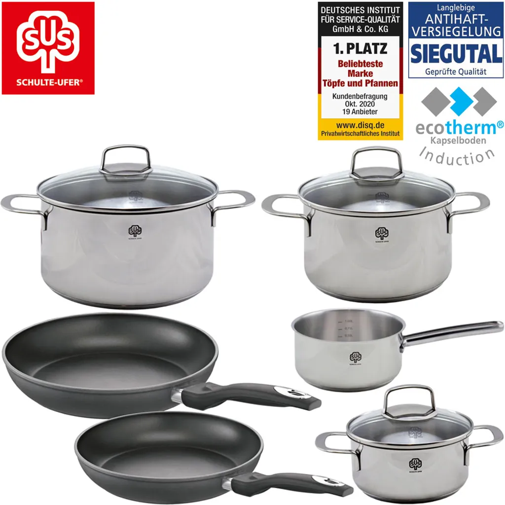 Schulte-Ufer Set 1071 Avanti Set, 9tlg. Edelstahl Topfset, Induktionstauglich, Inklusive 3 Glasdeckel & 2 Bratpfannen, Innenskalierung, Schüttrand 2 Schulte-Ufer Set 1071 Avanti Set, 9tlg. Edelstahl Topfset, Induktionstauglich, Inklusive 3 Glasdeckel & 2 Bratpfannen, Innenskalierung, Schüttrand – Bild 2
