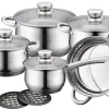 12-teiliges Edelstahl Kochgeschirr Kochtopfset Topfset Töpfe Pfannen Glasdeckel