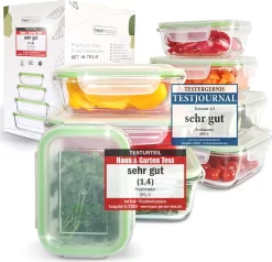 Fresh Master Frischhaltedosen Set 16-tlg. Borosililatglas, (2 X 370 Ml, 2 X 640 Ml, 2 X 1.050 Ml, 2 X 1.520 Ml Frischhaltedose Mit Deckel)