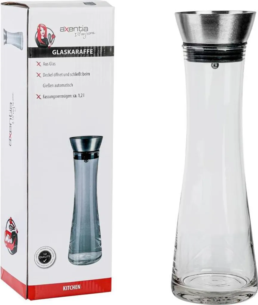 AXENTIA Glas-Glaskaraffe 1200 Ml Mit Edelstahldeckel, Ø 10 X H34 Cm, Wasser Kanne Mit Präzisem Ausgießer, Integriertes Sieb, Wasser Karaffe 1 AXENTIA Glas-Glaskaraffe 1200 Ml Mit Edelstahldeckel, Ø 10 X H34 Cm, Wasser Kanne Mit Präzisem Ausgießer, Integriertes Sieb, Wasser Karaffe