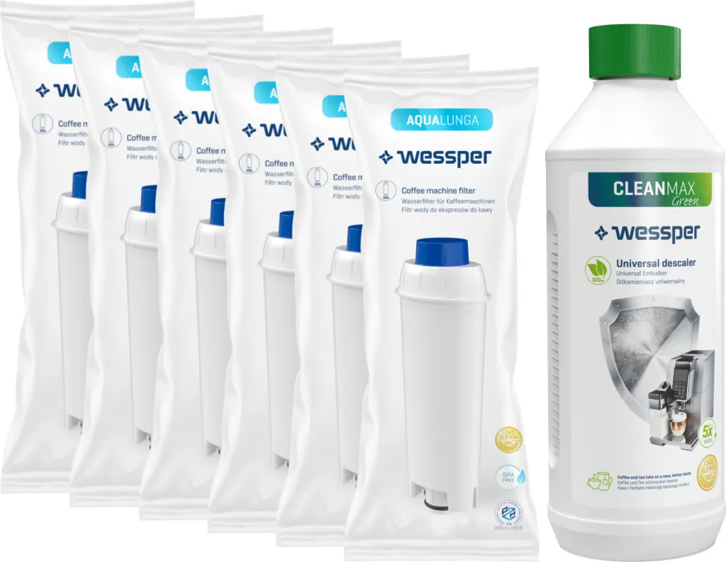 Wessper Set: 6x Wessper AquaLunga Wasserfilterpatrone Für DeLonghi Kaffeemaschinen (Ersatz SER3017 DLS C002) + Wessper CleanMax 500ml Entkalker 2 Wessper Set: 6x Wessper AquaLunga Wasserfilterpatrone Für DeLonghi Kaffeemaschinen (Ersatz SER3017 DLS C002) + Wessper CleanMax 500ml Entkalker – Bild 2