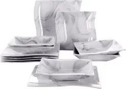 MALACASA, Serie Flora, Marmor Porzellan Tafelservice 12 Teiligen Set Kombiservice Geschirrset Mit Je 6 Speiseteller Und 6 Suppenteller Für 6 Personen
