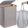 ONVAYA® Wäschekorb Mit Deckel | 70 Liter | Grau | Wäschesammler Fürs Badezimmer | Wäschetruhe Aus Bambus-Holz & Oxford-Stoff | Design Wäschebox | Wäschesortierer