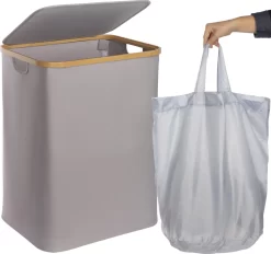 ONVAYA® Wäschekorb Mit Deckel | 70 Liter | Grau | Wäschesammler Fürs Badezimmer | Wäschetruhe Aus Bambus-Holz & Oxford-Stoff | Design Wäschebox | Wäschesortierer